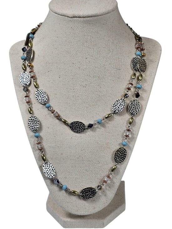Boho Jewelry - Long Layered Necklace Silver Tone Hammered Oval Discs Mixed Beads Boho 36"